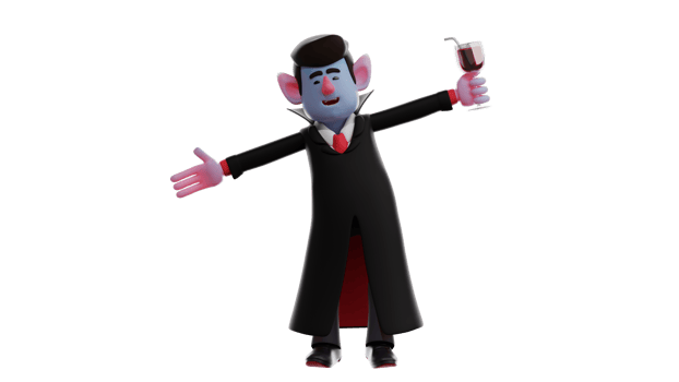 3D Illustration. Vampire 3D cartoon character. Vampire stretched his hands to welcome someone who came to his party. The vampire holds a glass of wine and shows his happy smile. 3D cartoon character png