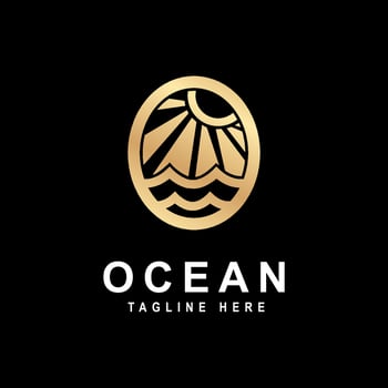 ocean wave tropical island and palm tree logo line art vector illustration
