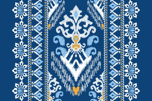 Ikat floral paisley embroidery on blue background.Ikat ethnic oriental pattern traditional.Aztec style abstract vector illustration.design for texture,fabric,clothing,wrapping,decoration,scarf,carpet.