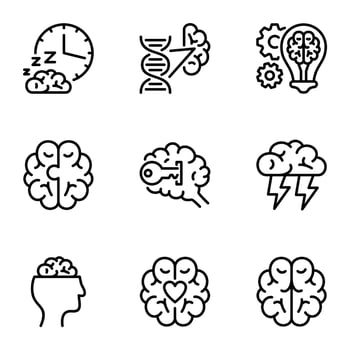 brain line icons set. intelligent, mind, signs, invention, anatomy, brainstorm, dna, puzzle, mindset, brilliant, genetic, imagination, intelligence vector