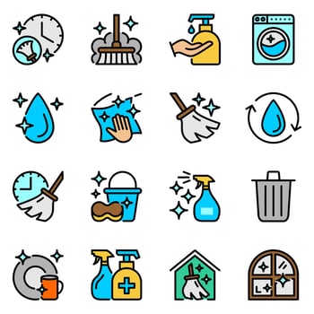 cleaning color line icons set. wash, spray, stroke, dust, hygiene, outline, cloth, maid, drop, liquid, service, window, brush, tool, housekeeping, dirty, soap, washing, mop, household, work, washer vector