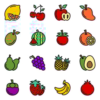 fruit color line icons set. tropic, stroke, lined, vitamin, outline, vegetarian, health, nutrition, grape, juice, illustration, lime, pear, strawberry, apple, tropical vector
