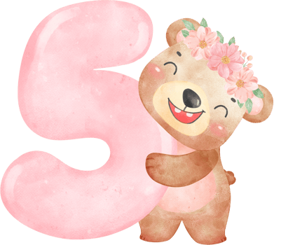 Baby Bear Birthday Girl with Numbers 5 Wearing Flower Crown,Watercolor Nursery PNG Set