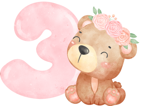 Baby Bear Birthday Girl with Numbers 3, Wearing Flower Crown,Watercolor Nursery PNG Set