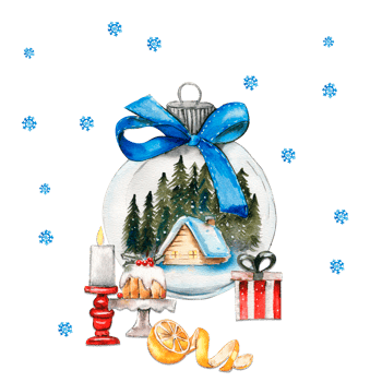 Christmas composition with glass ball with wooden house in snow and forest behind inside. png