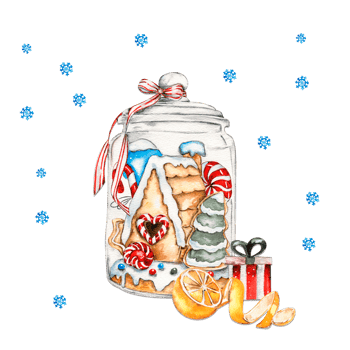 Christmas composition with glass bottle with gingerbread house inside. png