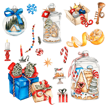 Set of elements for Christmas. Gift boxes, candle, cake, cookies, lemon. png