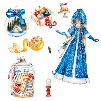 Watercolor illustration of Snow maiden girl in blue dress and box with Christmas gifts. png