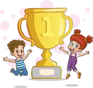 happy cute kid boy win game gold trophy vector