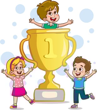 happy cute kid boy win game gold trophy vector