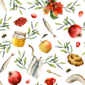 Rosh hashanah watercolor seamless pattern for Jewish new year gift wrapping and greeting designs with pomegranates, honey, apples, blowing shofar, flowers, challah png