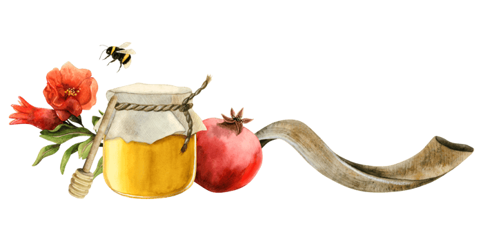Rosh Hashanah Horizontal greeting banner template with honey jar, pomegranate fruit and flowers, long shofar horn watercolor illustration for Jewish new year and yom kippur. png