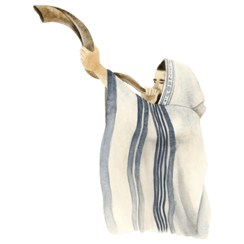 Shofar blowing by Jewish man in talit on Yom Kippur and Rosh Hashanah holidays watercolor illustration. Feast of Trumpets celebration. png