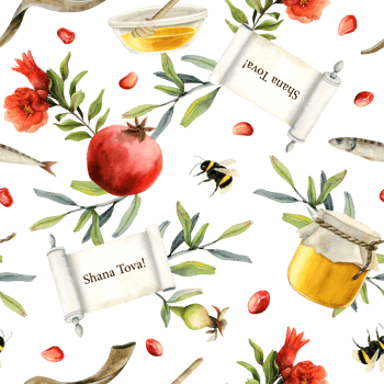 Shana Tova watercolor seamless pattern for Rosh Hashanah Jewish new year gift wrapping with scroll, greetings, pomegranates, honey, apples, shofar, flowers png