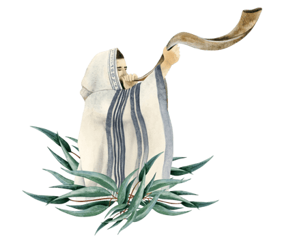 Yom Kippur shofar blowing by Jewish man in talit on Rosh Hashanah holidays with eucalyptus branches watercolor illustration. Feast of Trumpets celebration. png