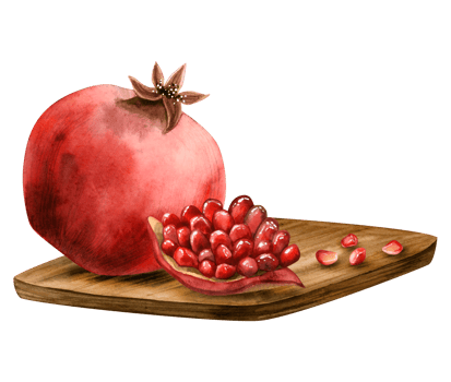 Juicy pomegranates on wooden board watercolor illustration whole fruit, slice and seeds. Colorful red garnet for Jewish Rosh Hashanah New year greeting designs, exotic market, menu png
