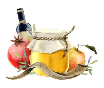 Happy Rosh Hashanah greeting card template with honey jar, pomegranate fruit and leaves, apple, shofar horn, red wine bottle watercolor illustration png