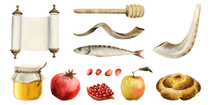 Watercolor Rosh Hashanah illustration set, Shana Tova collection for Jewish New year. Honey, Torah scroll, round challah, shofar, pomegranate fruits and fish. png