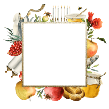 Rosh Hashanah square greeting card template watercolor illustration for Jewish New year. Shana tova template frame, pomegranates, honey, holiday symbols. png