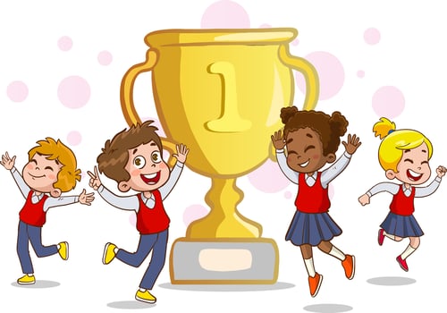 happy cute kid boy win game gold trophy vector
