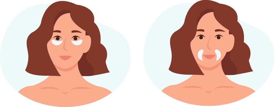 Cosmetic collagen eye patches against facial wrinkles. Home daily facial skin care. Vector illustration