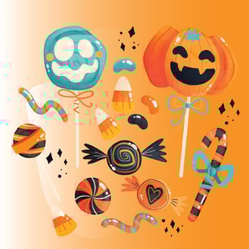 Halloween party poster with lettering. 3D emotional cartoon smiling pumpkins with eyes, candy, bats on yellow background. Festive flyer design. Invitation greeting card. Vector. EPS 10 vector