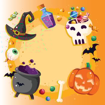 Halloween party poster with lettering. 3D emotional cartoon smiling pumpkins with eyes, candy, bats on yellow background. Festive flyer design. Invitation greeting card. Vector. EPS 10 vector