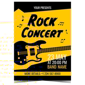 Rock concert vector design template with electric guitar and musical notes on black yellow background. Banner or poster, invitation leaflet or flyer for hard rock show or heavy metal music festival.