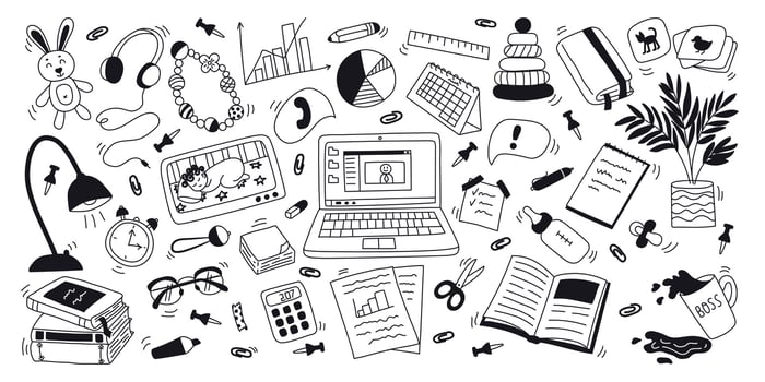 Set hand drawn doodle elements of table working mother. Laptop, notebook, children's toys, graphics, video babysitter. Flat vector illustration on white background