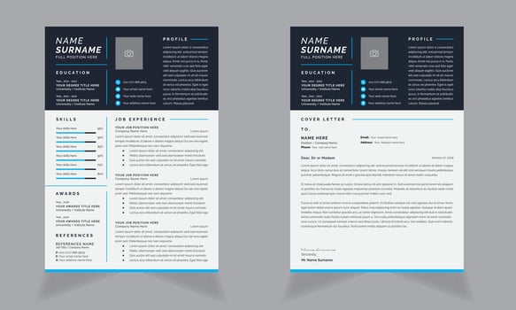 Modern Resume with Cv Template and Cover Letter Black Header Design vector