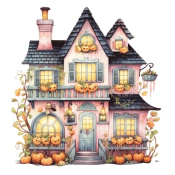 AI Generative Watercolor haunted house Halloween on transparent background png