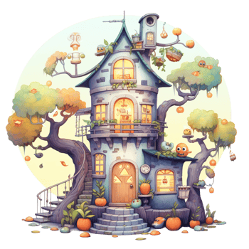 AI Generative Watercolor haunted house Halloween on transparent background png