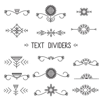 Set of text dividers in tribal style. Floral and geometric elements. Sunflowers and leaves in ethnic style. Vector illustration