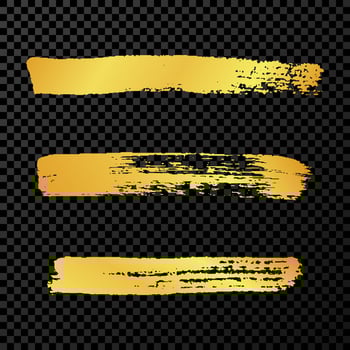 Gold grunge brush strokes. Set of three painted ink stripes. Ink spot isolated on dark vector