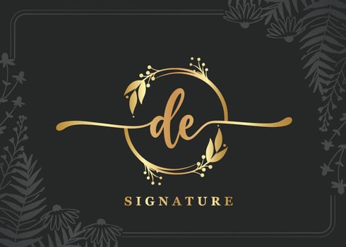 luxury gold signature initial de logo design isolated leaf and flower vector