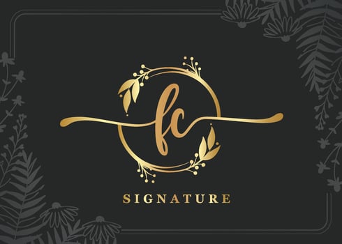 luxury gold signature initial fc logo design isolated leaf and flower vector