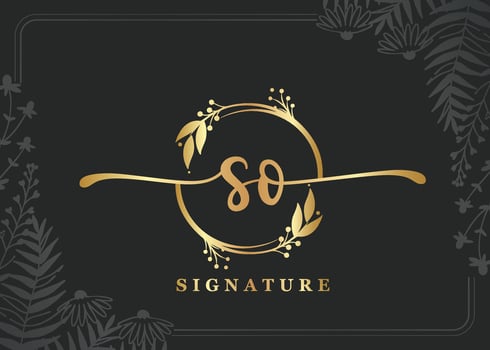 luxury gold signature initial so logo design isolated leaf and flower vector