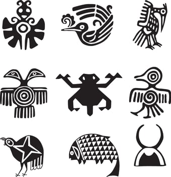 Vector monochrome set of Native American Indian national symbols. Ethnic round ornaments of the peoples of America, Aztec, Maya, Incas, Peru, Brazil, Mexico, Honduras, Guatemala