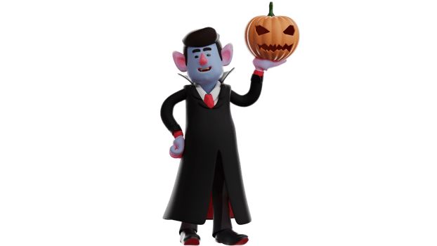 3D Illustration. Awesome Vampire 3D cartoon character. Vampire stood up while raising the Halloween pumpkin with one hand. Vampires smiled and happy to attend the Halloween party. 3D cartoon character png