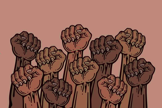 Group of people holding their fists up vector