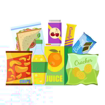 Snack product set, fast food snacks, drinks, nuts, chips, cracker, juice, sandwich isolated on white background. Unhealthy junk food. Flat illustration in vector. vector
