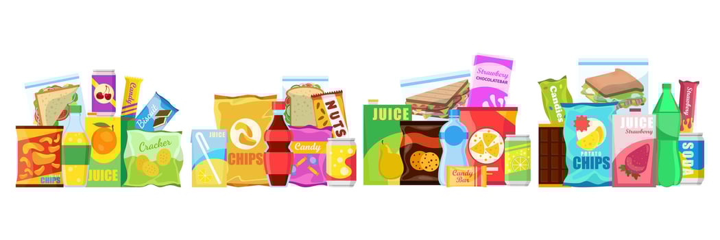 Snack product set, fast food snacks, drinks, nuts, chips, cracker, juice, sandwich isolated on white background. Unhealthy junk food. Flat illustration in vector. vector