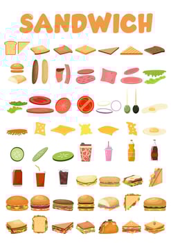 Burgers and Sandwich set. Ingredients buns, cheese, bacon, tomato, onion, lettuce, cucumbers pickle onions beefs ham Vector illustration.
