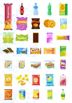 Snack product set, fast food snacks, drinks, nuts, chips, cracker, juice, sandwich isolated on white background. Unhealthy junk food. Flat illustration in vector. vector
