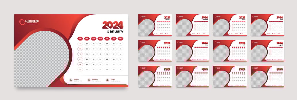 Abstract red gradient color corporate desk calendar template with 12 months accurate date format for the year 2024 vector