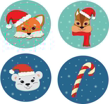 A New Year's set with animal faces in Santa Claus hats vector