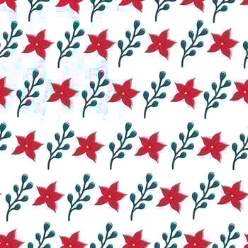 Seamless Christmas pattern with decorative flowers and twigs. A pattern with a poinsettia and a branch with leaves vector