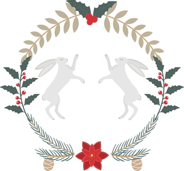 Decorative New Year frame with rabbit, squirrel, sharpleaf, spruce branches and berries. New Year illustration vector