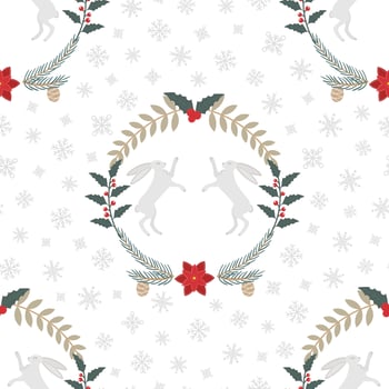 Christmas pattern with a rabbit, holly, spruce branches, poinsettia, snowflakes and berries. New Year pattern vector