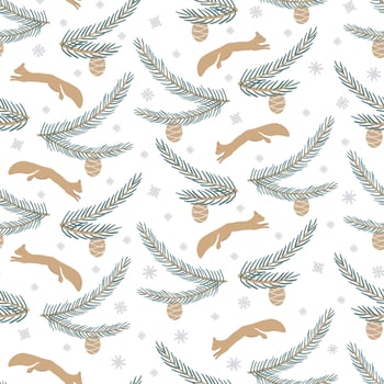 Christmas pattern with a squirrel, snowflakes, spruce branches and cones. New Year's illustration in a flat style vector